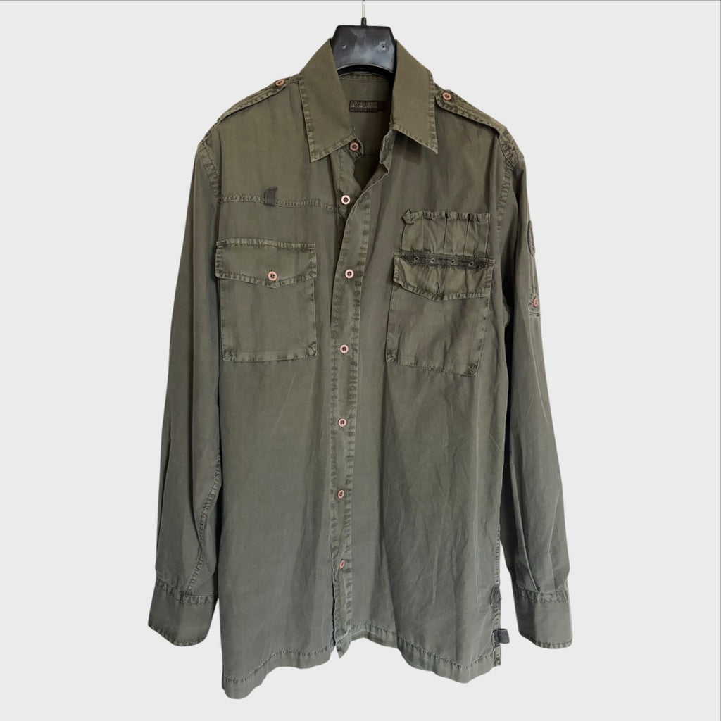 Camicia Vintage Napapijri Uomo Verde Militare Taglia L Utility Safari con Patch Logo