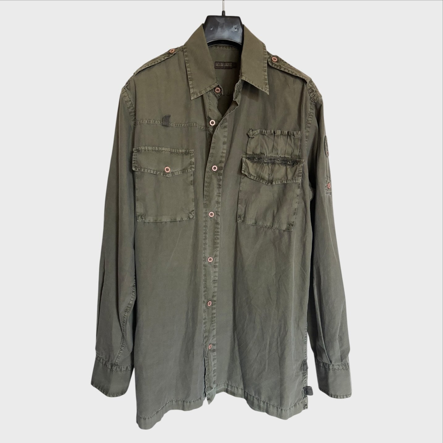 Camicia Vintage Napapijri Uomo Verde Militare Taglia L Utility Safari con Patch Logo