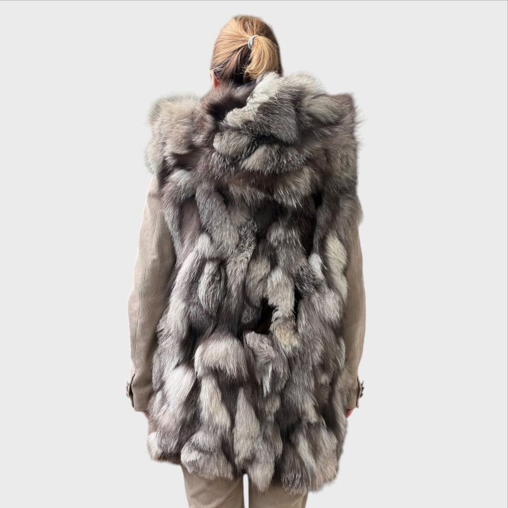 Anna Rock Milano Gilet con Cappuccio Vera Pelliccia Patchwork