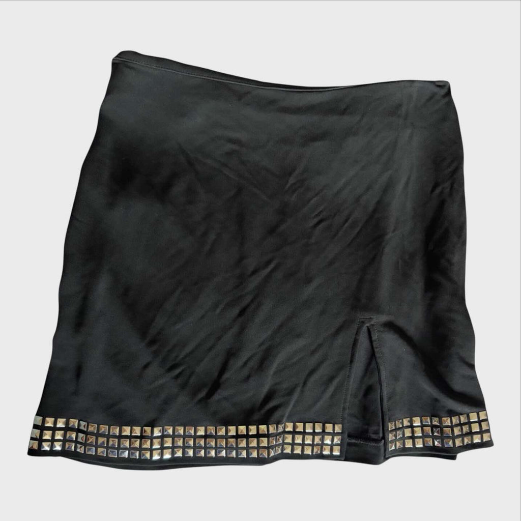 Minigonna Vintage Paco Rabanne — Micro Skirt Nera con Bordo Borchiato e Spacco Laterale