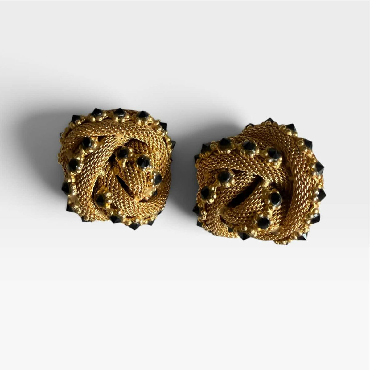 Orecchini Vintage a Clip - Metallo Dorato e Strass Neri - Anni '60-'70