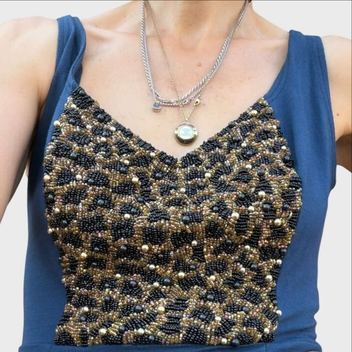 Abito Tubino Vintage Anni '90 - Ricamo a Mano Perline Blu e Oro