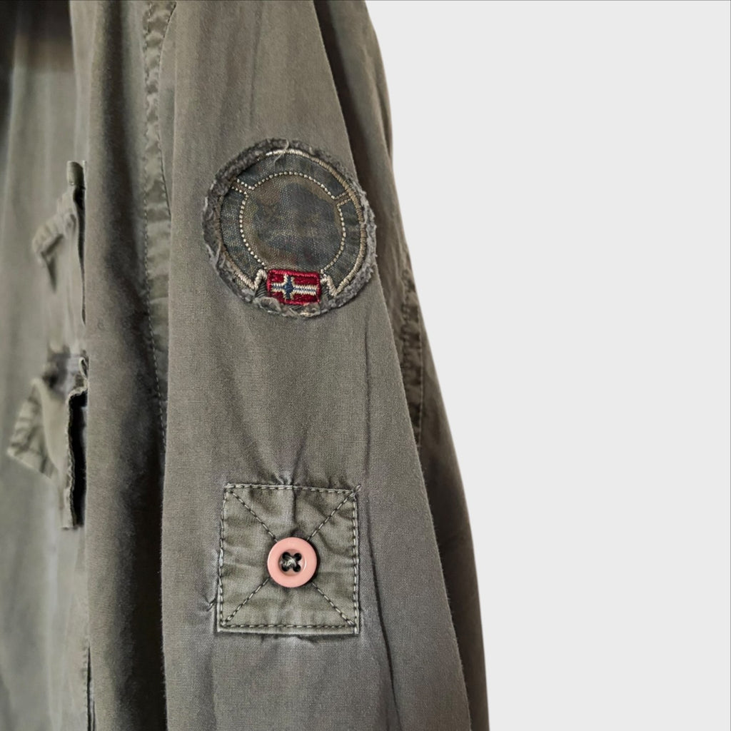 Camicia Vintage Napapijri Uomo Verde Militare Taglia L Utility Safari con Patch Logo