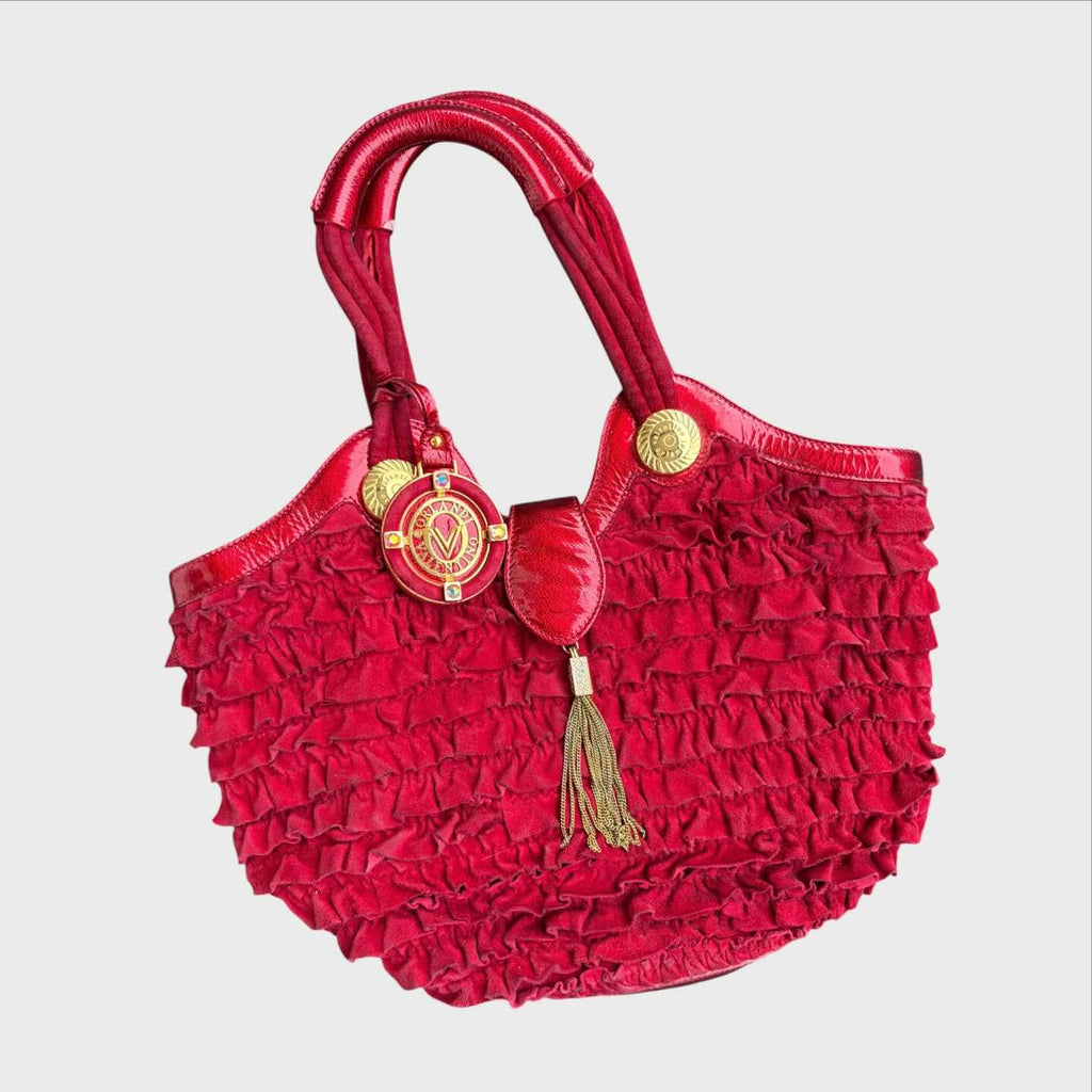 Borsa a mano vintage Orlandi Valentino in pelle scamosciata rossa arricciata con dettagli dorati