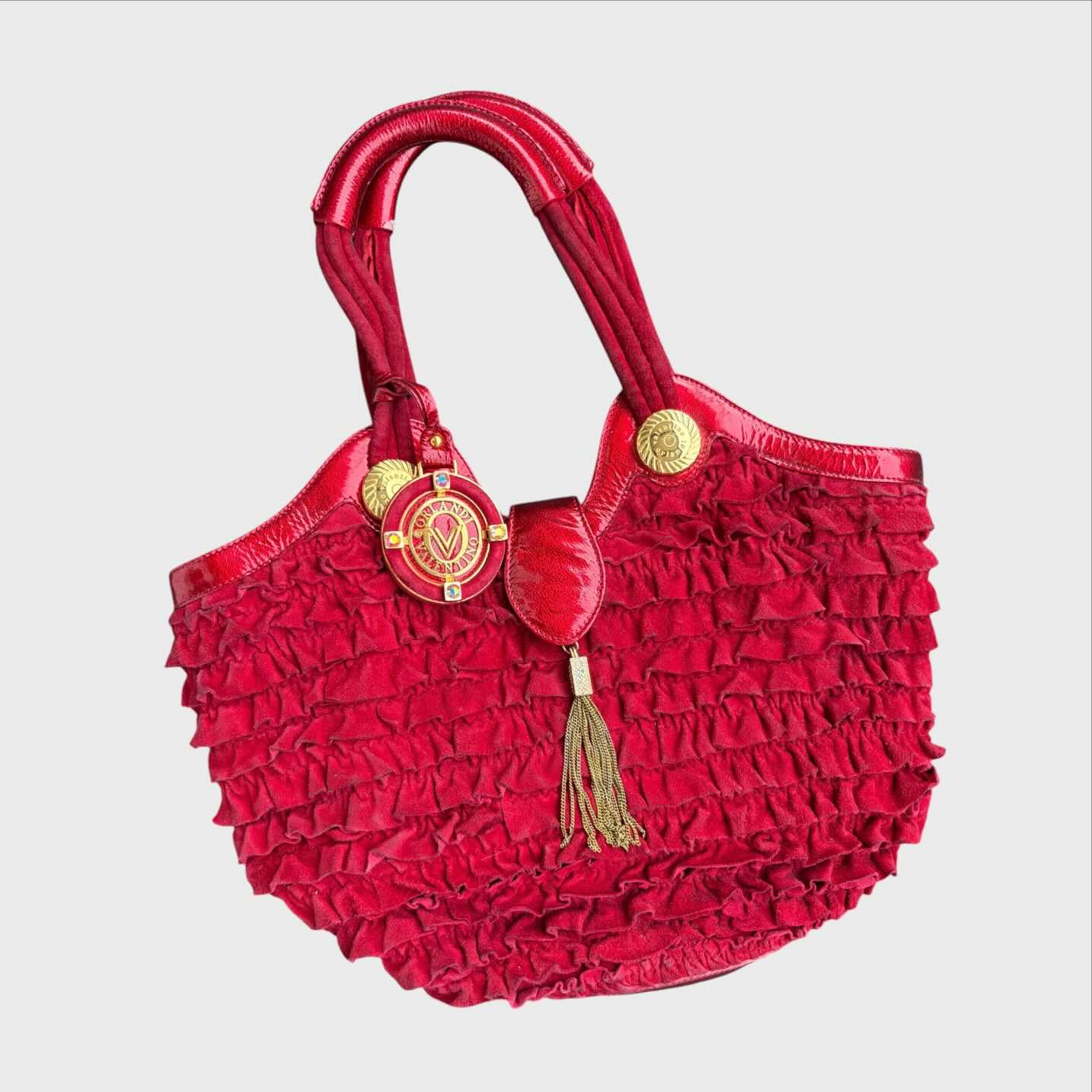 Borsa a mano vintage Orlandi Valentino in pelle scamosciata rossa arricciata con dettagli dorati