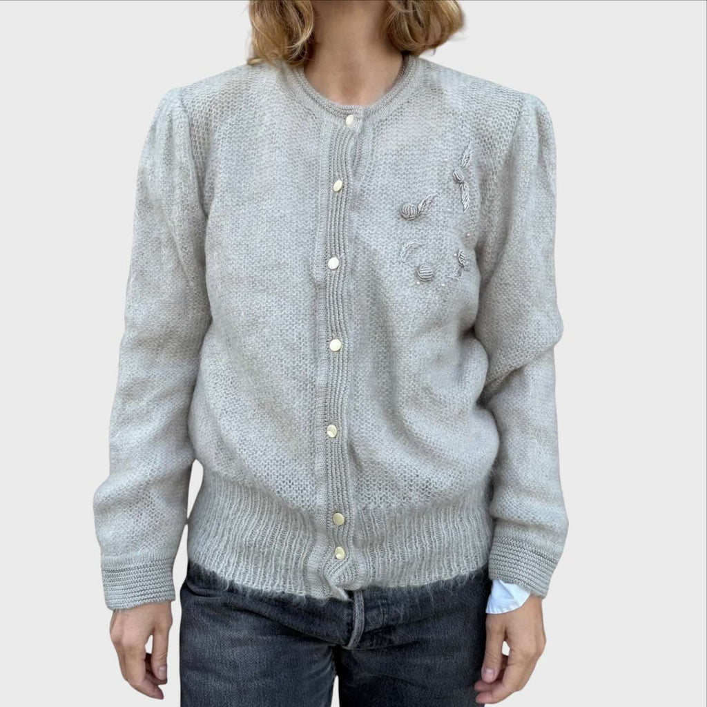 Griffe Tricot Cardigan Vintage Mohair - Ricamo Fiori e Perline - Anni 80