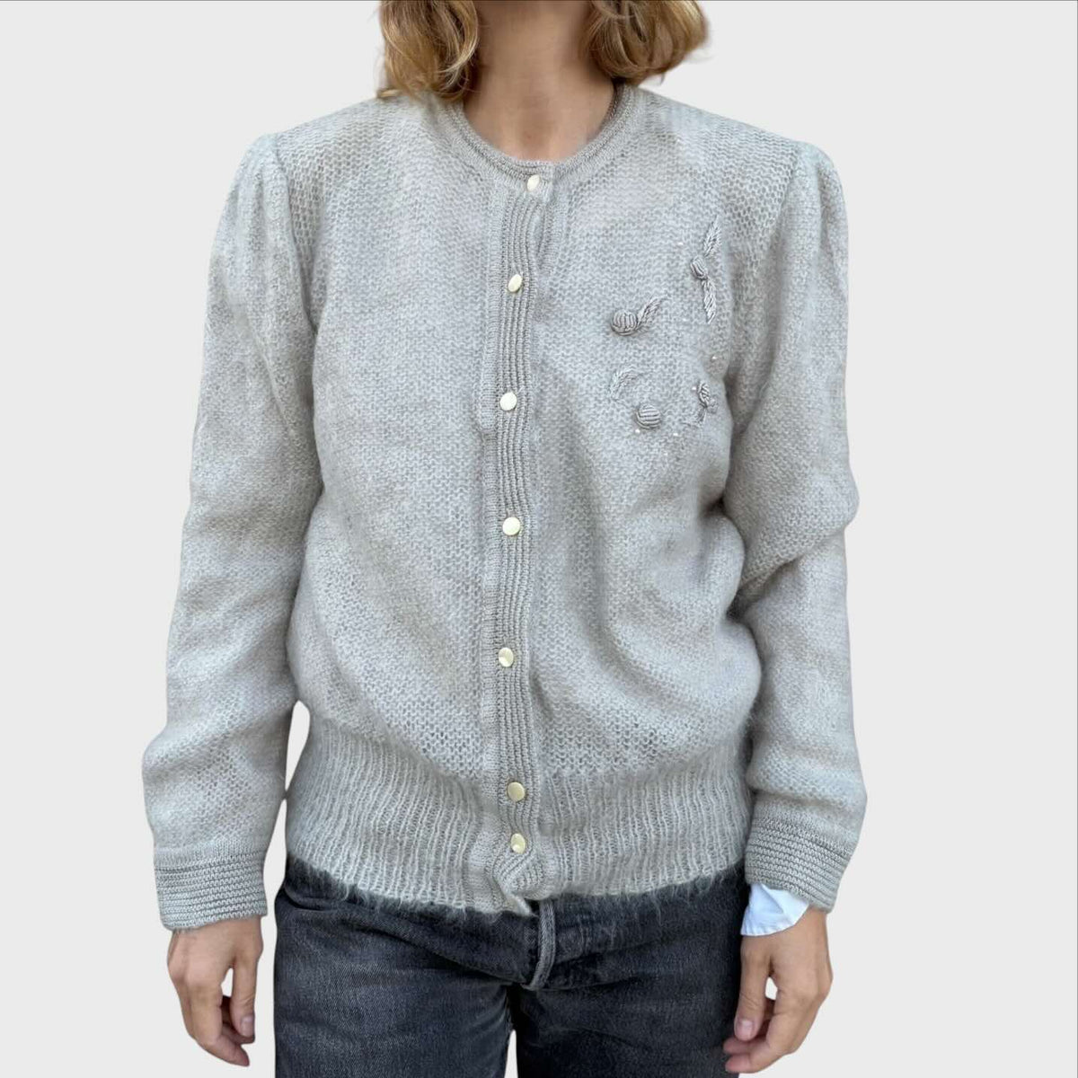 Griffe Tricot Cardigan Vintage Mohair - Ricamo Fiori e Perline - Anni 80