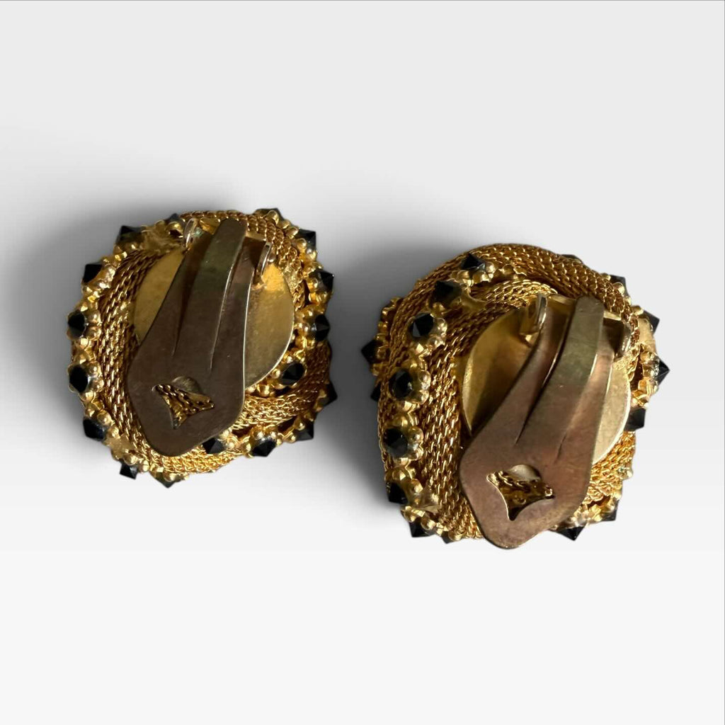 Orecchini Vintage a Clip - Metallo Dorato e Strass Neri - Anni '60-'70