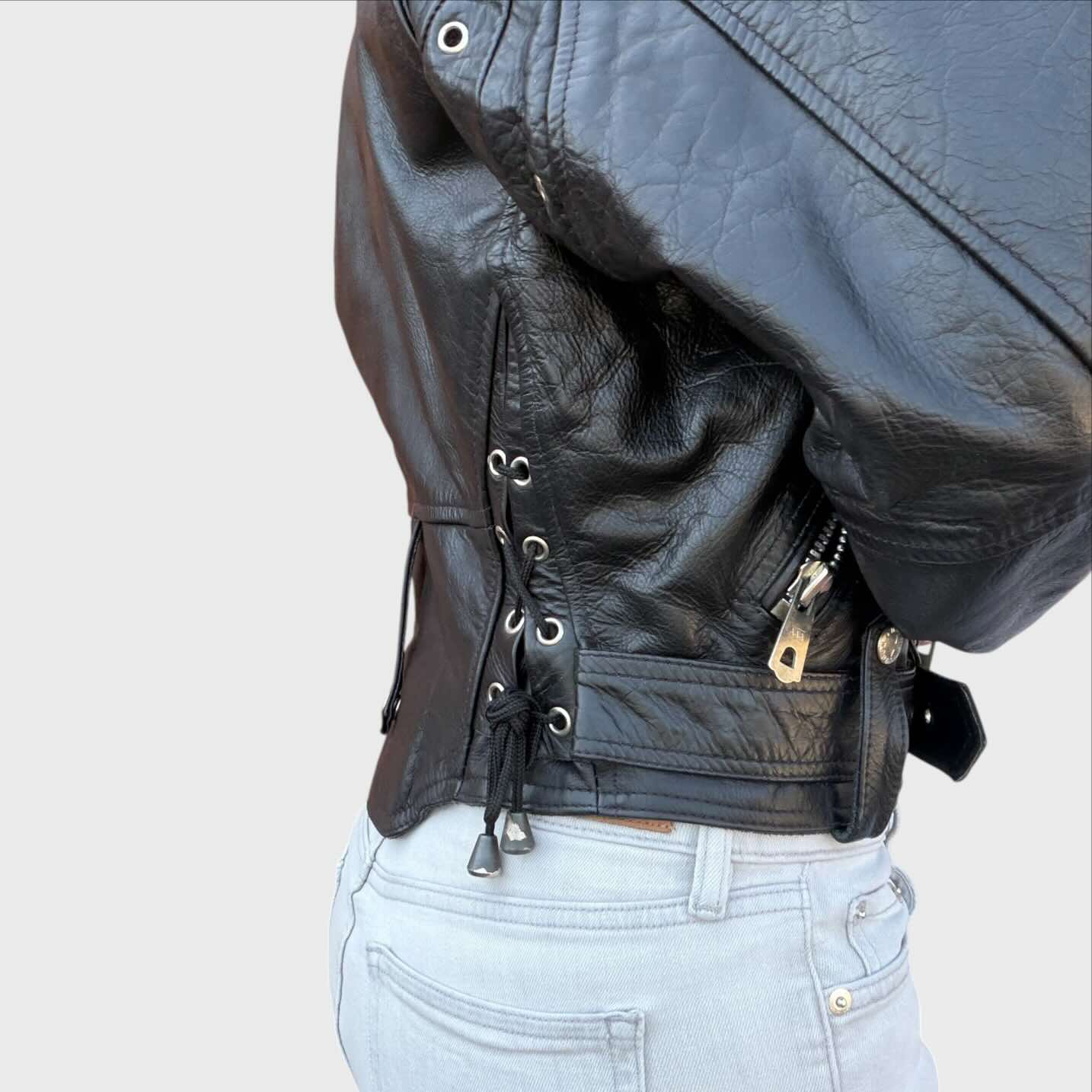 Giacca in Pelle Nera Modello Chiodo Biker Vintage di Soho Side Is Bomb Boogie modello chiodo biker