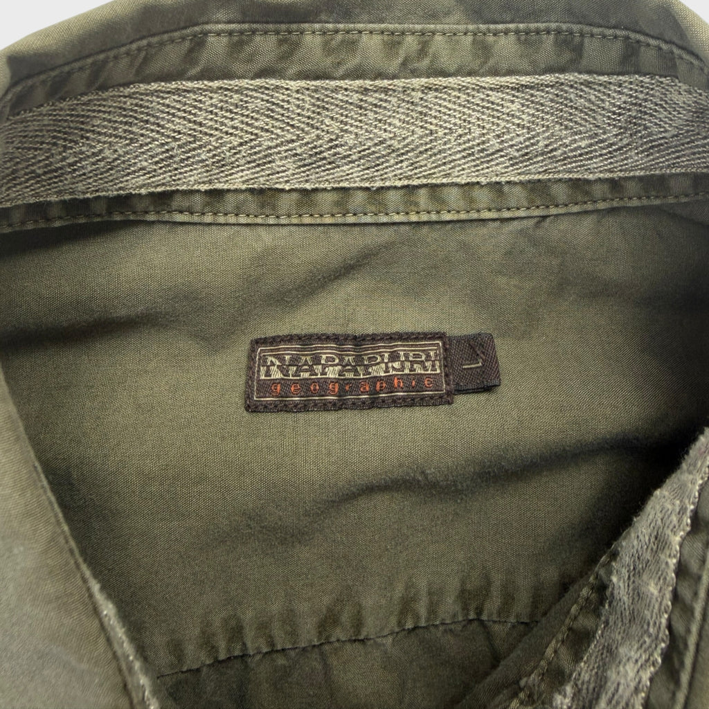 Etichetta Camicia Vintage Napapijri Uomo Verde Militare Taglia L Utility Safari con Patch Logo