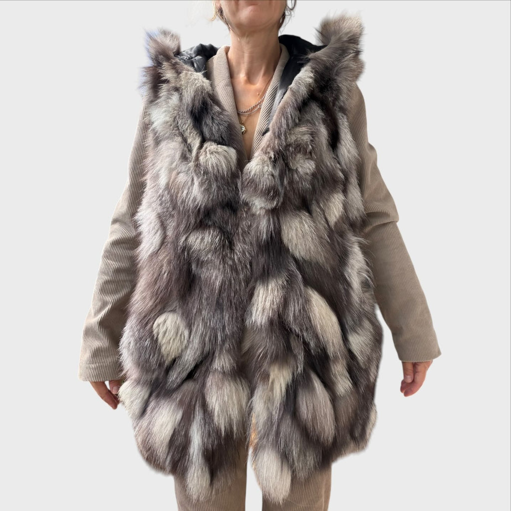 Anna Rock Milano Gilet con Cappuccio Vera Pelliccia Patchwork