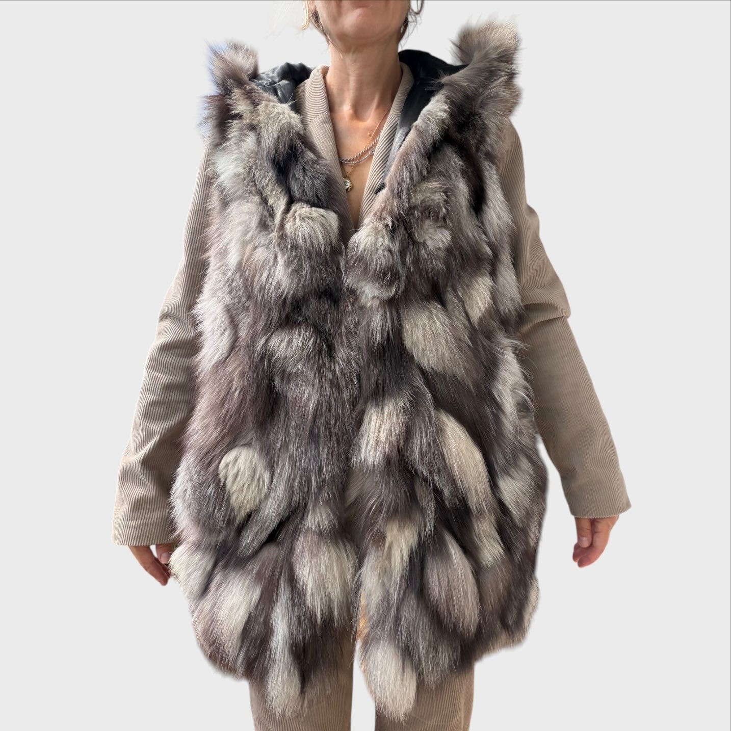 Anna Rock Milano Weste mit Kapuze aus echtem Patchwork-Pelz  