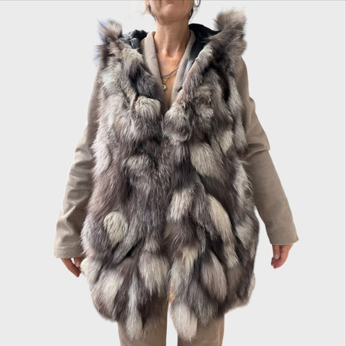 Anna Rock Milano Gilet con Cappuccio Vera Pelliccia Patchwork