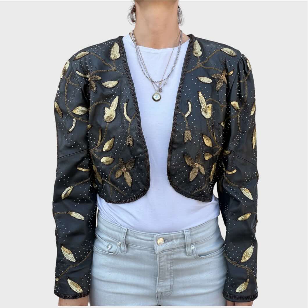 Giacca Bolero Vintage Anni '80 in Vera Pelle Nera di Luan Sarè con Ricami Floreali Oro e Paillettes