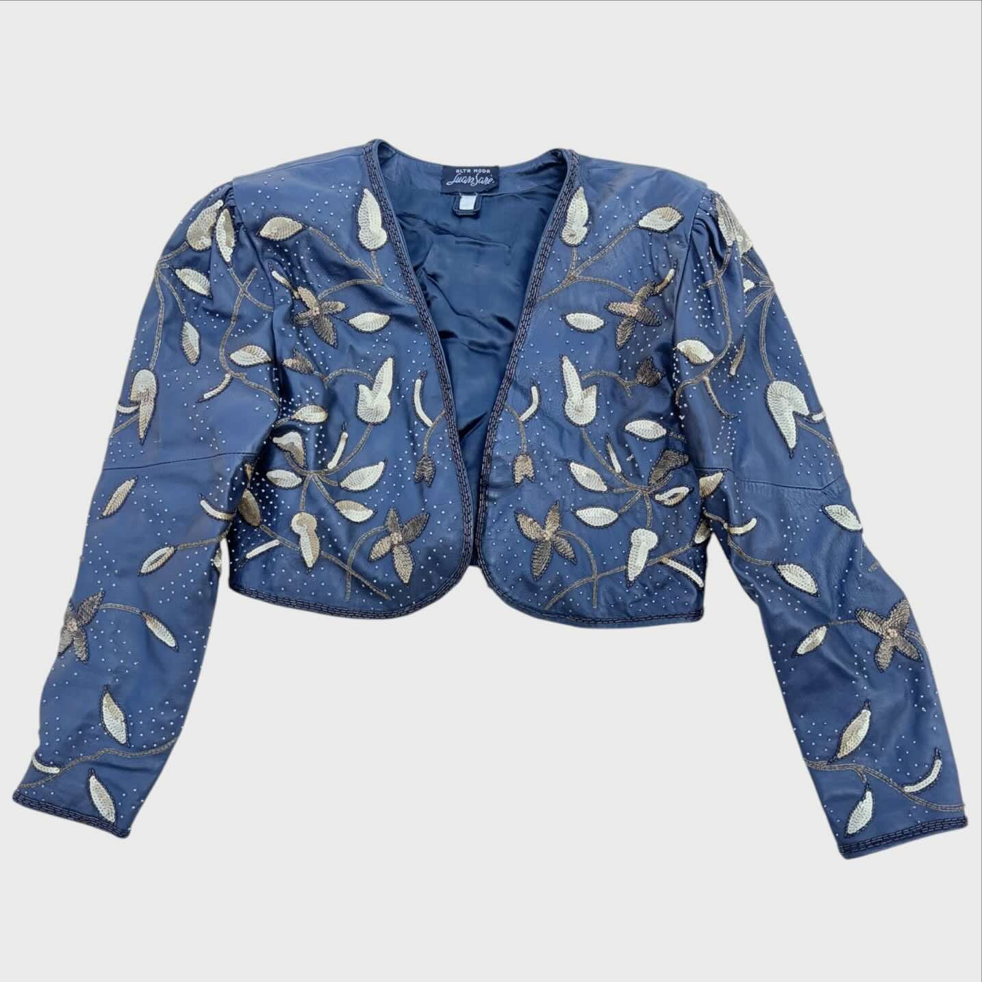 Giacca Bolero Vintage Anni '80 in Pelle Nera con Ricami Floreali Oro e Paillettes