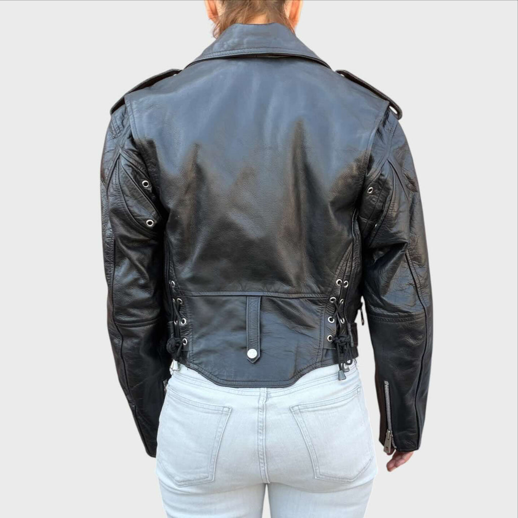 Schwarze Lederjacke im Vintage-Biker-Stil „Chiodo“ von Soho Side Is Bomb Boogie, Modell Chiodo Biker