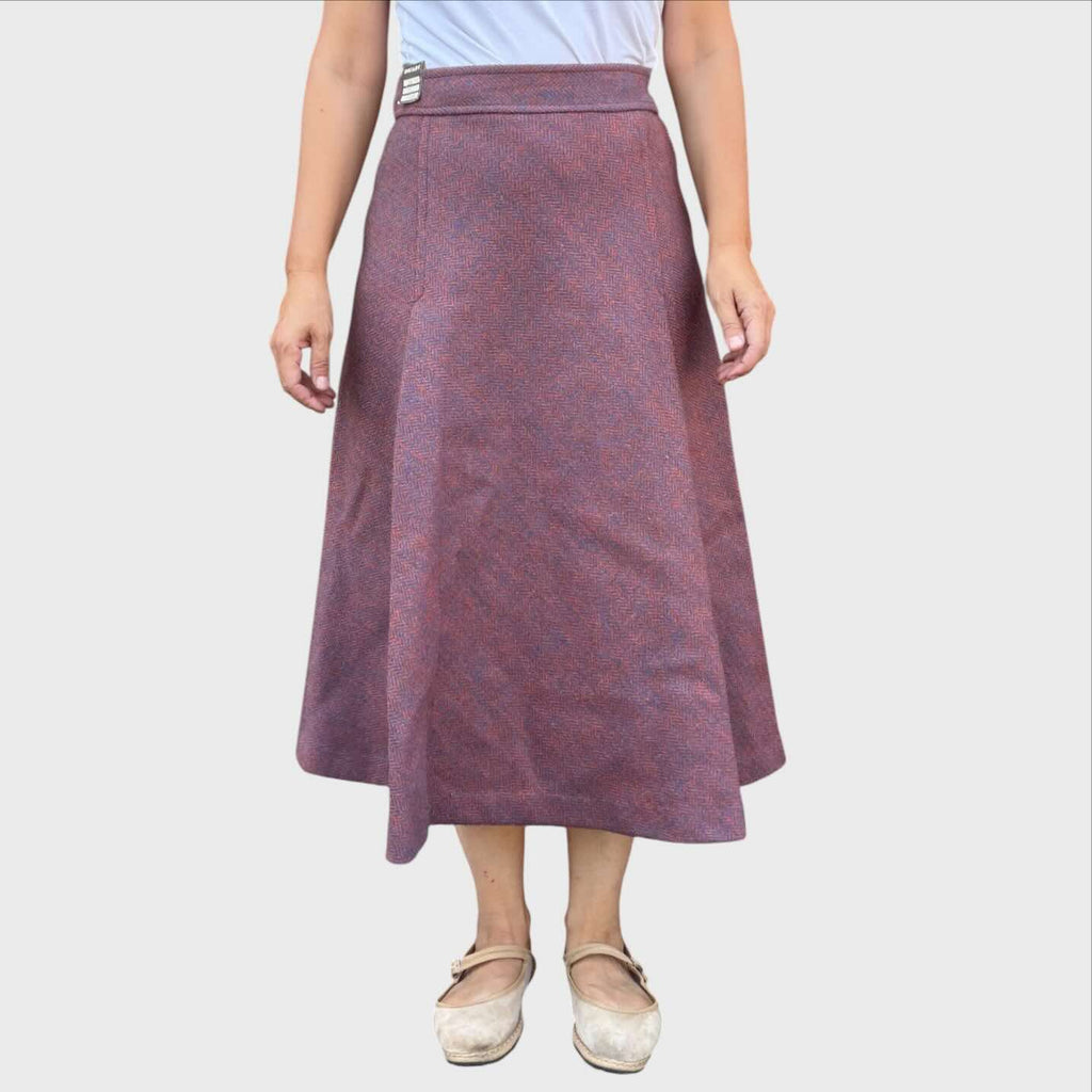 Gonna vintage midi a ruota in tessuto tweed a spina di pesce