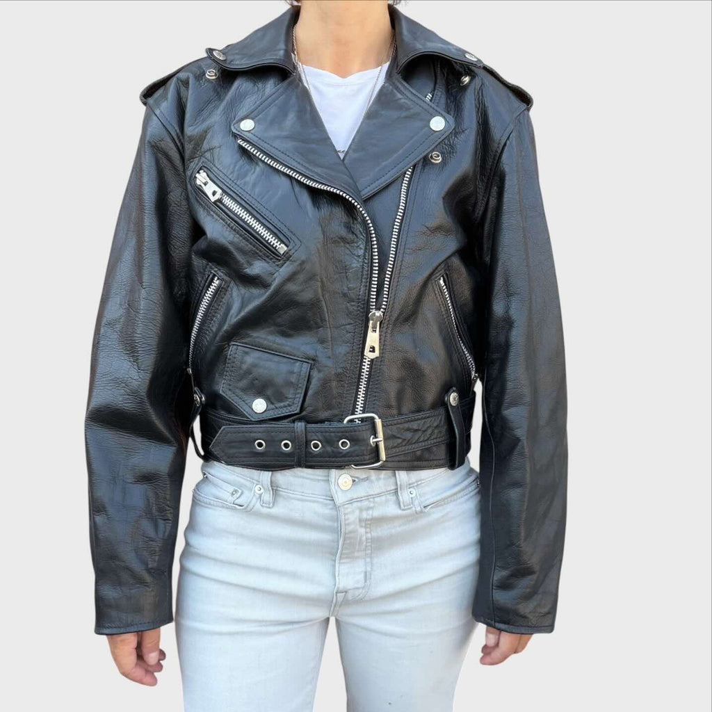 Schwarze Lederjacke im Vintage-Biker-Stil „Chiodo“ von Soho Side Is Bomb Boogie, Modell Chiodo Biker