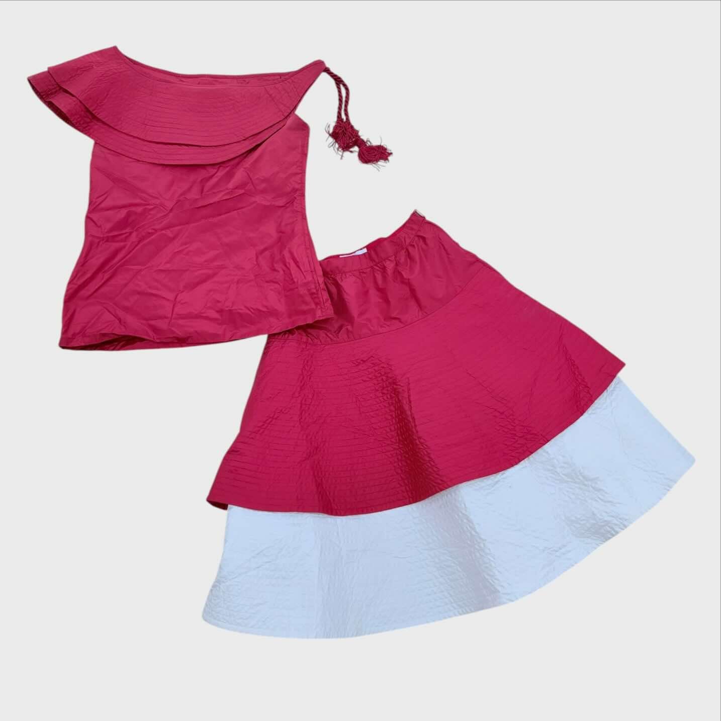 Completo Vintage Valentino Anni '80 - Top Asimmetrico Rosso e Gonna Midi Trapuntata Bicolore