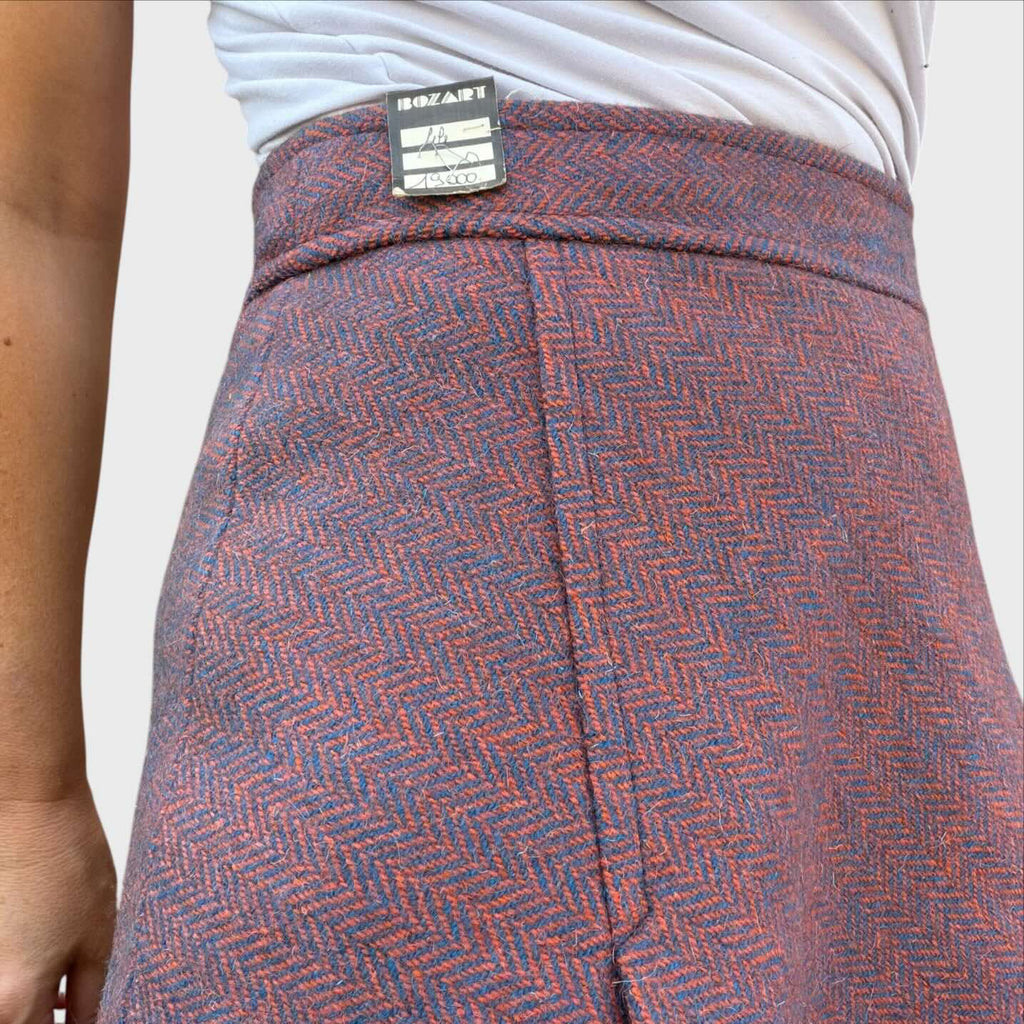 Gonna vintage midi a ruota in tessuto tweed a spina di pesce