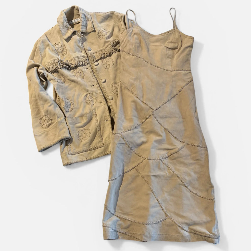 Completo vintage anni 80 vestito e giacca originale in pelle camoscio beige