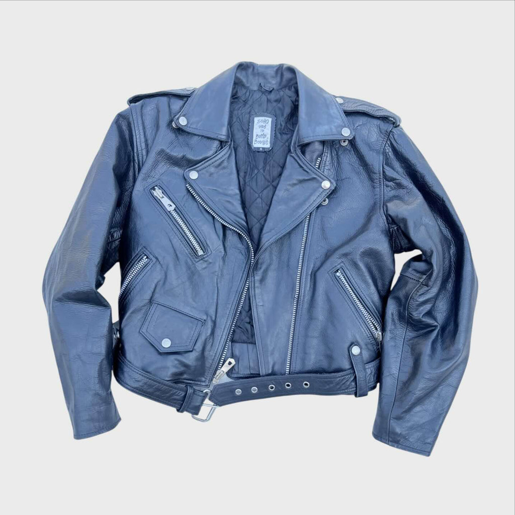 Schwarze Lederjacke im Vintage-Biker-Stil „Chiodo“ von Soho Side Is Bomb Boogie, Modell Chiodo Biker