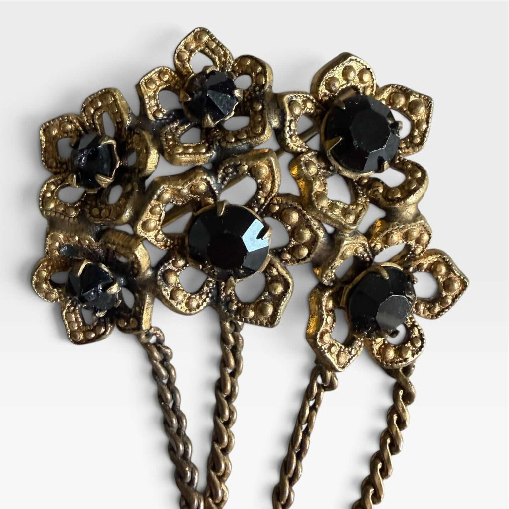 Spilla Vintage a Mazzo di Fiori - Cristalli Neri e Catenelle Pendenti