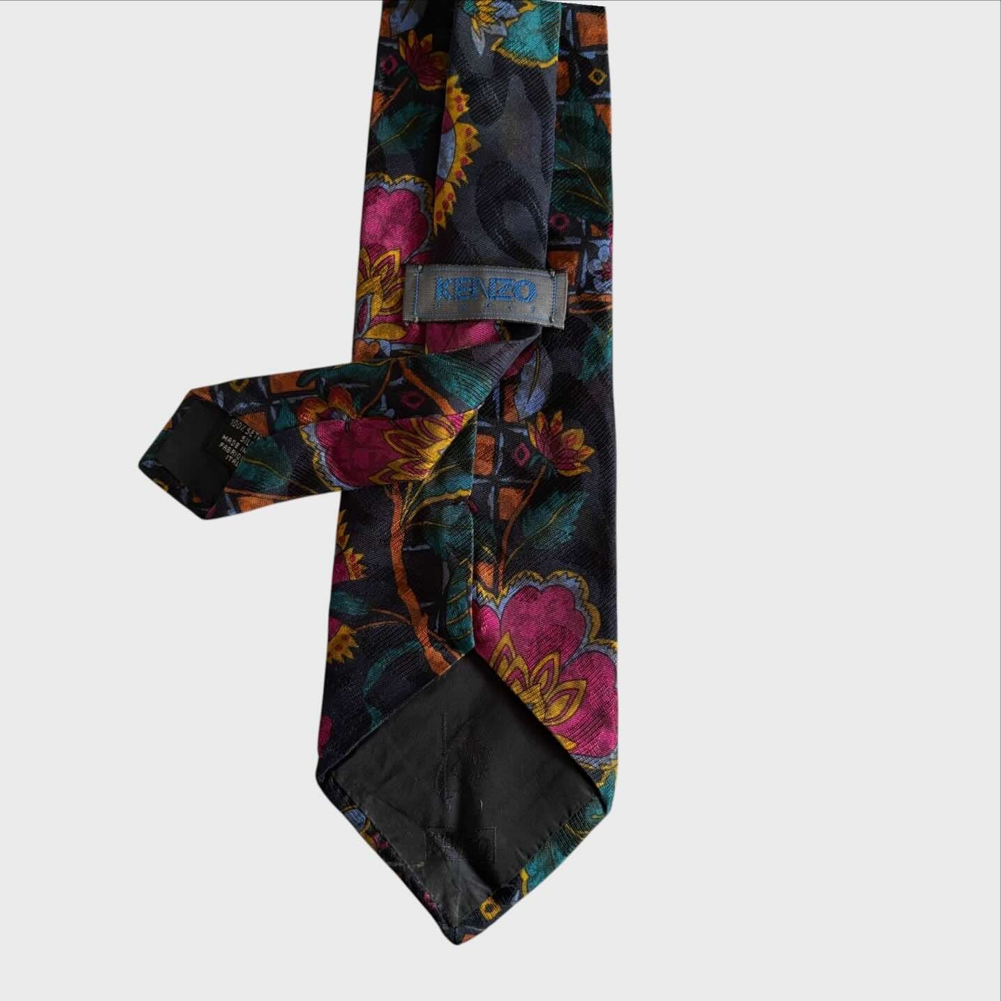 Kenzo Cravatta Vintage - Seta Fantasia Floreale Botanica su Fondo Nero