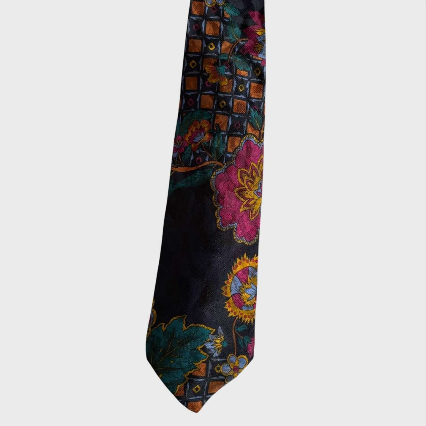 Kenzo Cravatta Vintage - Seta Fantasia Floreale Botanica su Fondo Nero