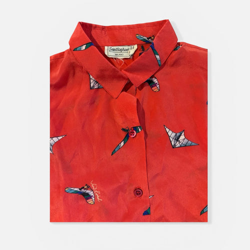 Camicia vintage da donna Saint Raphael in seta rossa stampata con aerei