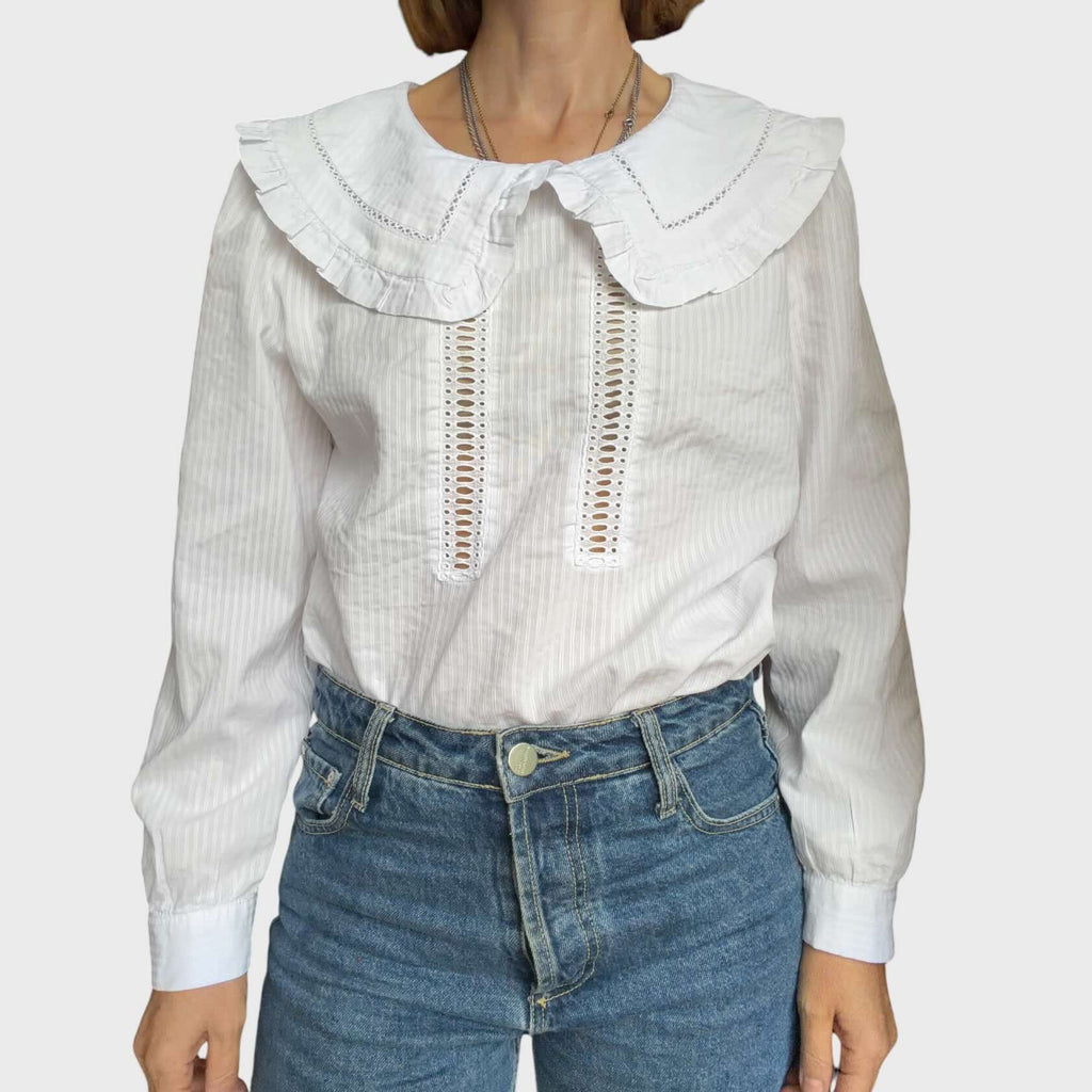 Claudie Pierlot Blusa - Bianca a Righe Sottili con Colletto Peter Pan - Taglia 44 IT - 40 FR