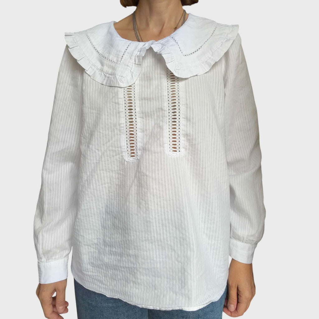 Claudie Pierlot Blusa - Bianca a Righe Sottili con Colletto Peter Pan - Taglia 44 IT