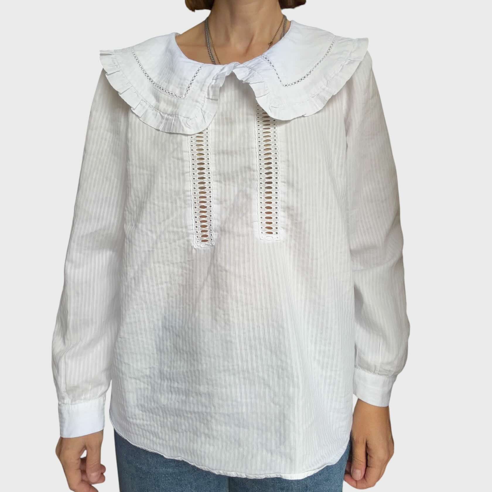 Claudie Pierlot Blusa - Bianca a Righe Sottili con Colletto Peter Pan - Taglia 44 IT
