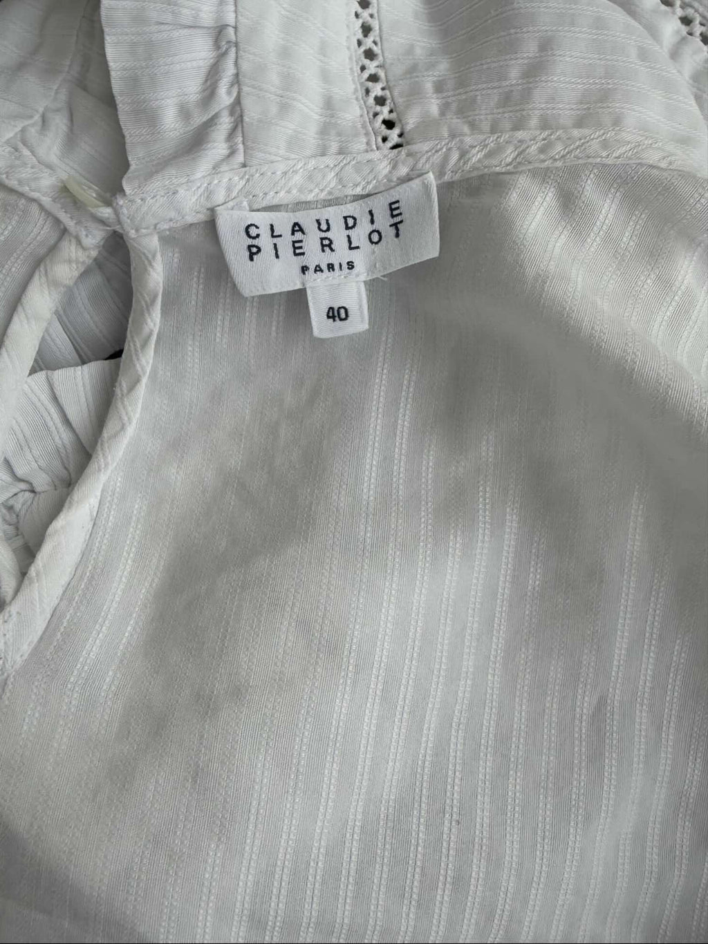 Etichetta interna Claudie Pierlot Blusa - Bianca a Righe Sottili con Colletto Peter Pan - Taglia 44 IT
