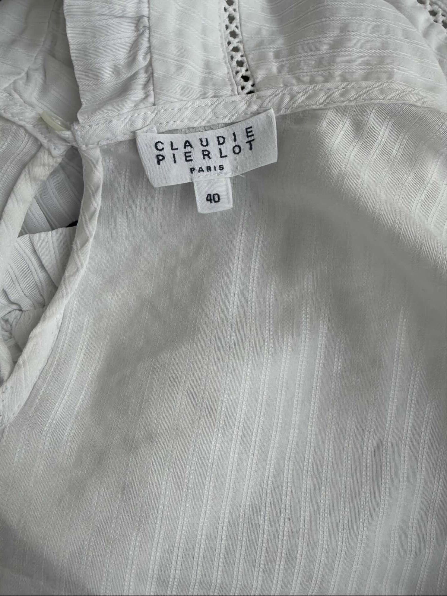 Etichetta interna Claudie Pierlot Blusa - Bianca a Righe Sottili con Colletto Peter Pan - Taglia 44 IT