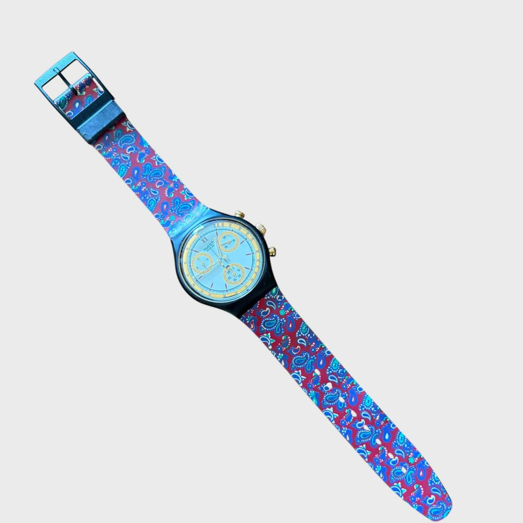 Swatch Chrono Award vintage del 1992, modello SCB108. cinturino è caratterizzato da una distinta fantasia cachemire