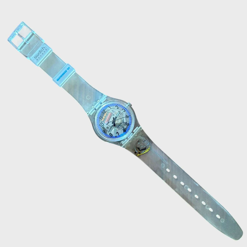 Swatch Bay Swatch SKK103PACK5 EDIZIONE LIMITATA Sestriere 1997 RARO . Plastica trasparente e quadrante con movimento a vista. Cinturino con elefante sciatore