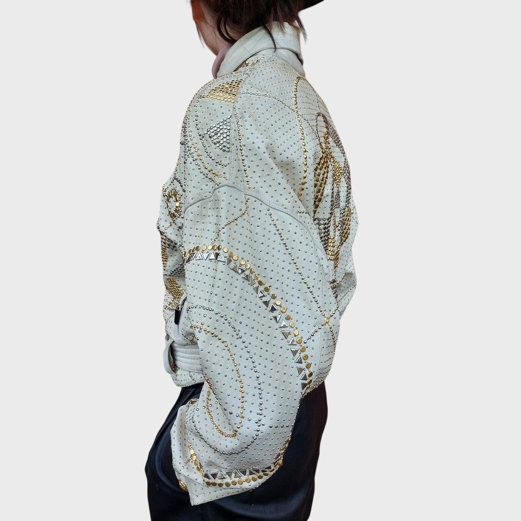 Giubbino vintage Gianni Versace pelle bianca con borchie oro e argento