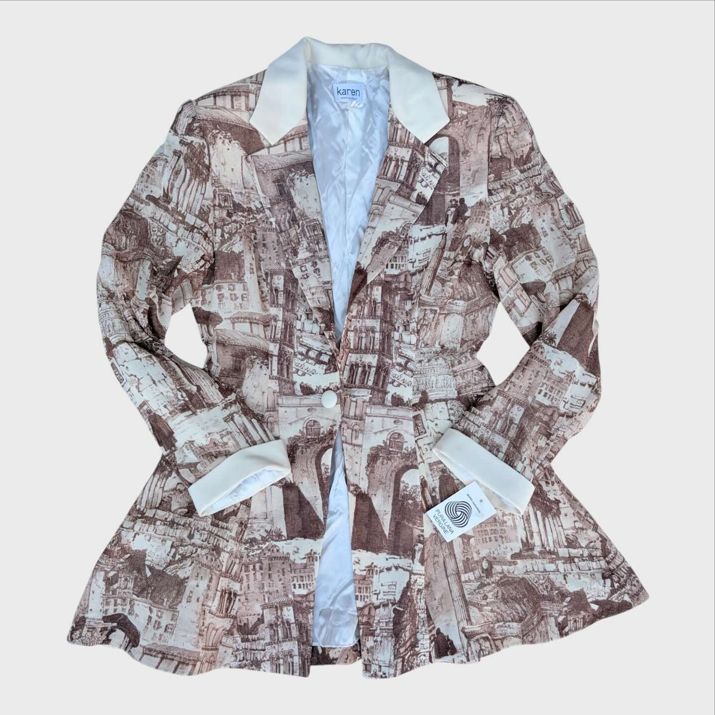 Blazer Vintage Karen Stampa Architettura Classica in Pura Lana Vergine