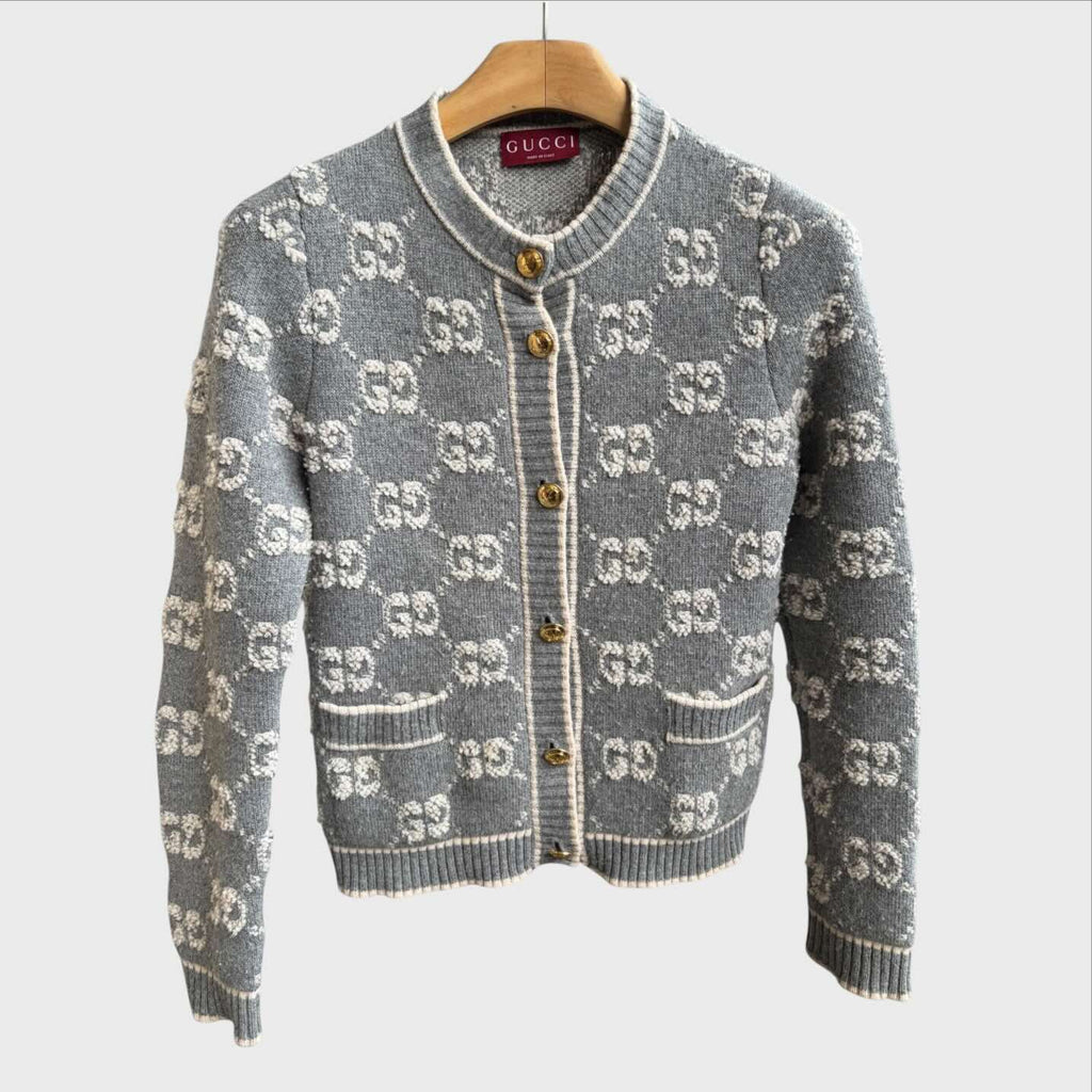 Gucci Cardigan Donna in 100% Lana – Jacquard GG Grigio Bianco – Taglia S