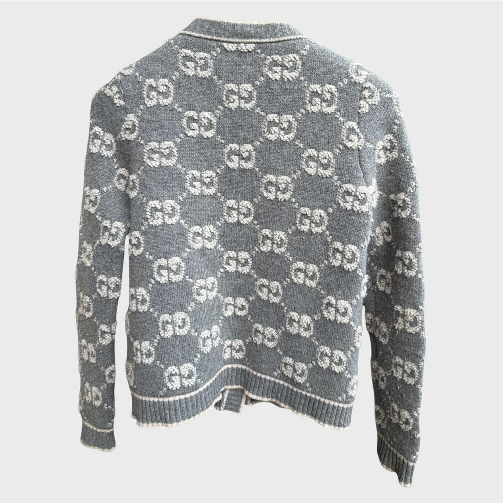 Dietro Gucci Cardigan Donna in 100% Lana – Jacquard GG Grigio Bianco – Taglia S