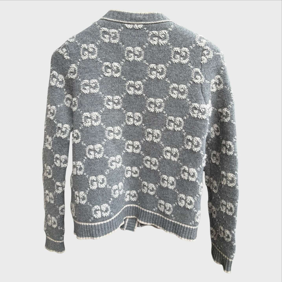 Dietro Gucci Cardigan Donna in 100% Lana – Jacquard GG Grigio Bianco – Taglia S
