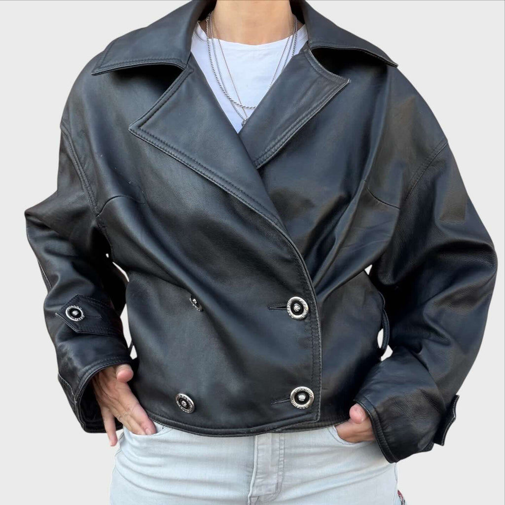 Ottavio Piragino Giacca Donna Vintage 80 Vera Pelle Nera