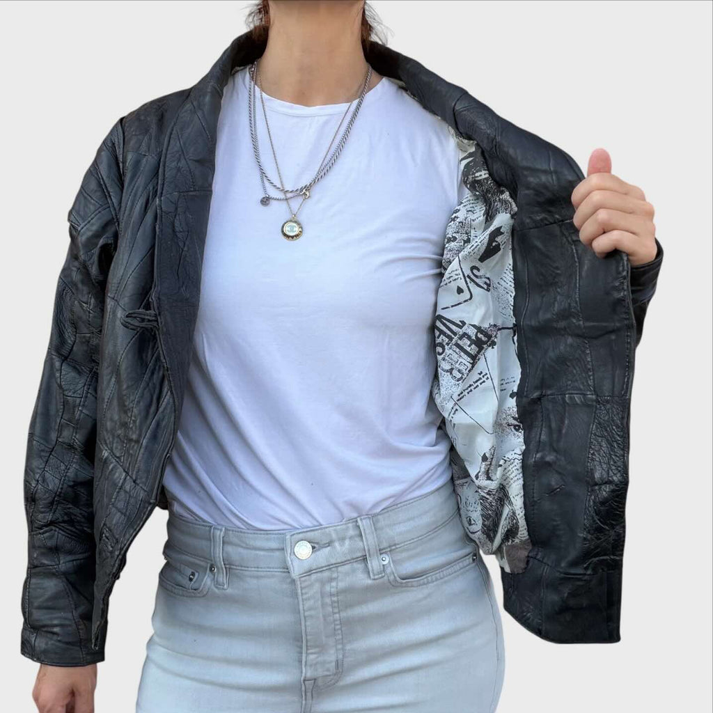 Giacca Vintage da donna Anni 80 Patchwork Vera Pelle  Colore nero 
