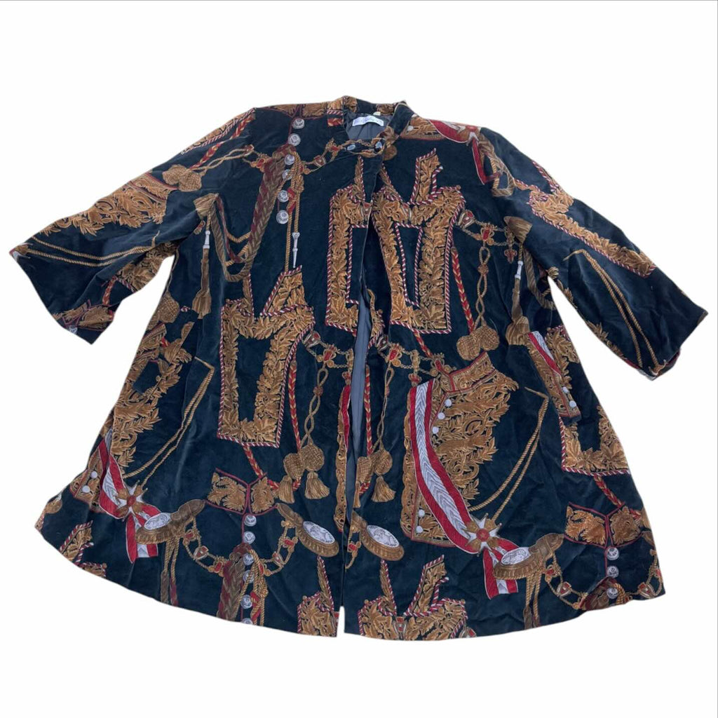 Cappotto Vintage Donna Elegante in Velluto Nero con Stampa Barocca
