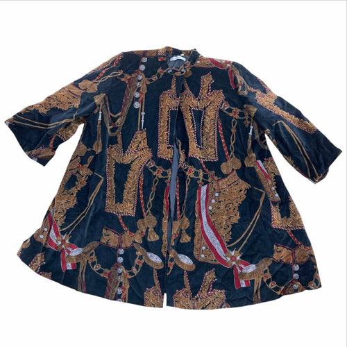 Cappotto Vintage Donna Elegante in Velluto Nero con Stampa Barocca