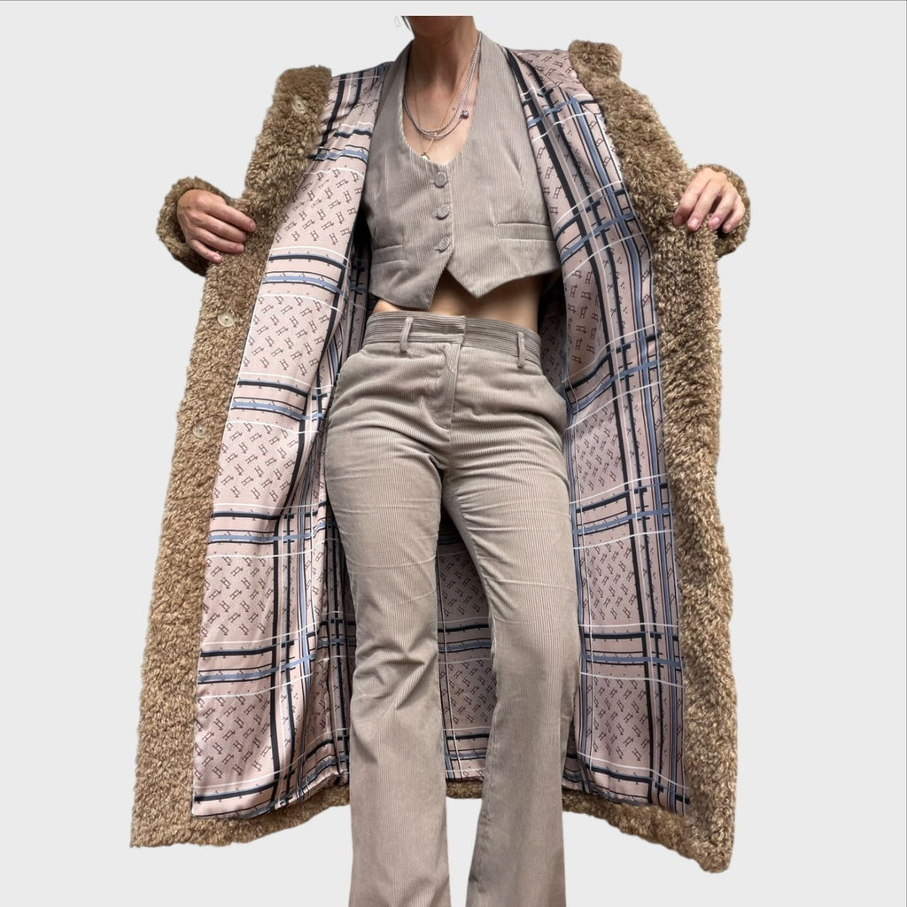 Henro maxi cappotto ecopellicca lungo con Cappuccio in curly faux fur color cammello