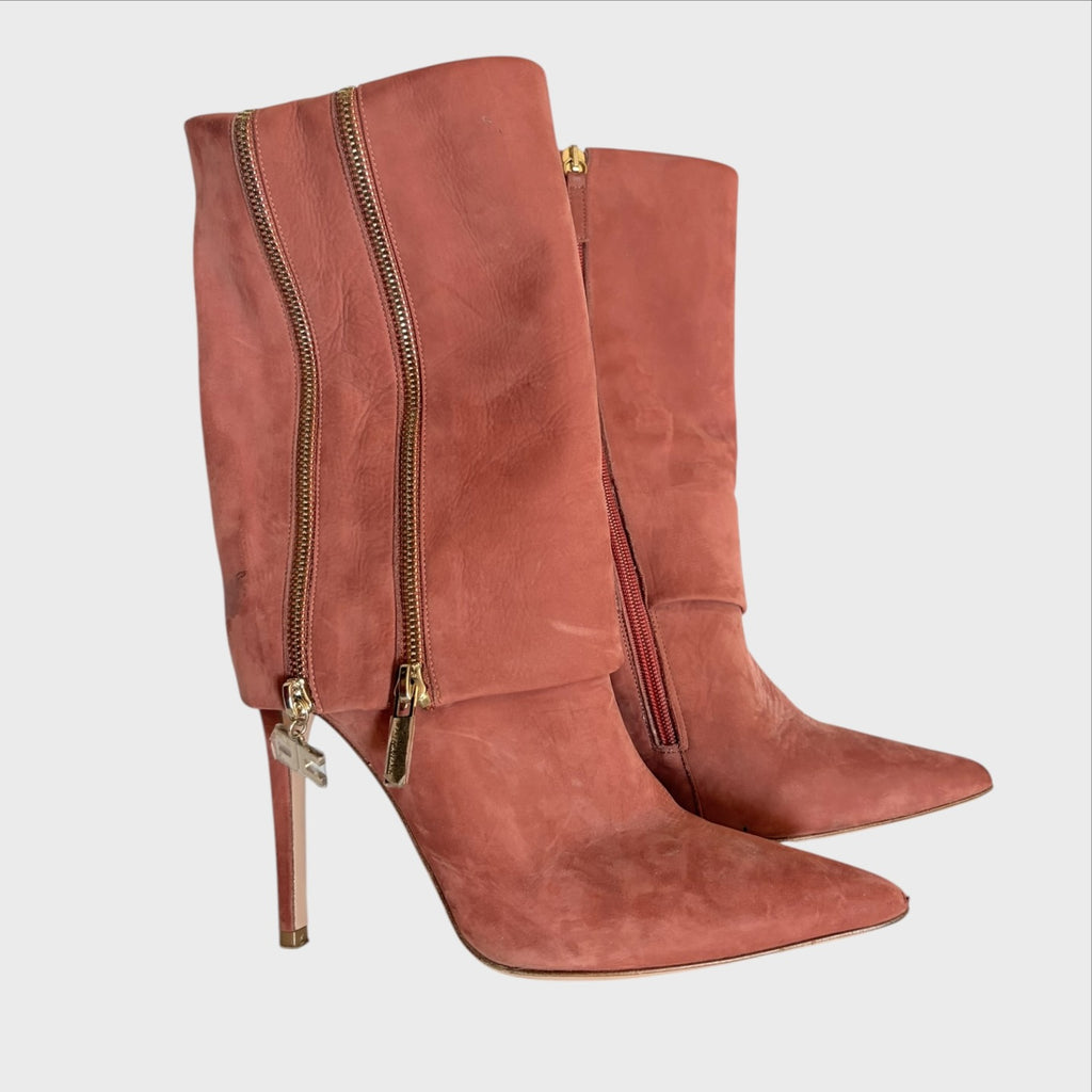Elisabetta Franchi Stivali Vintage Camoscio Rosa con Zip Oro
