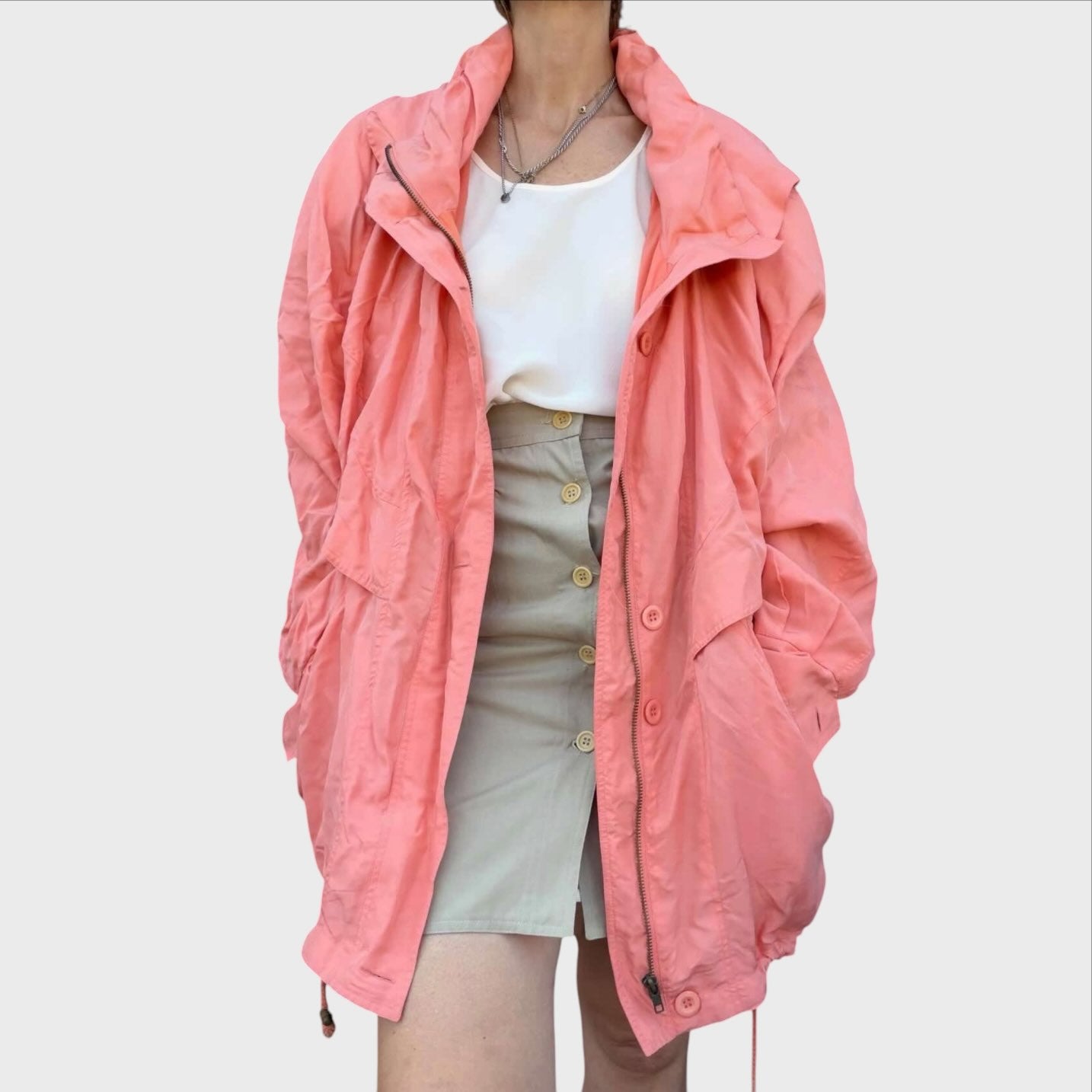 Oversize Vintage Windjacke aus Seide der 90er Jahre – Lachsrosa  