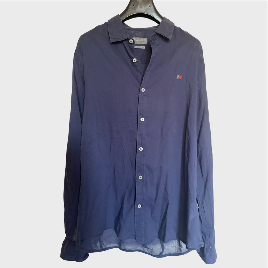 Camicia Vintage Napapijri Uomo Taglia L Blu Leggera ricamo bandiera norvegese 